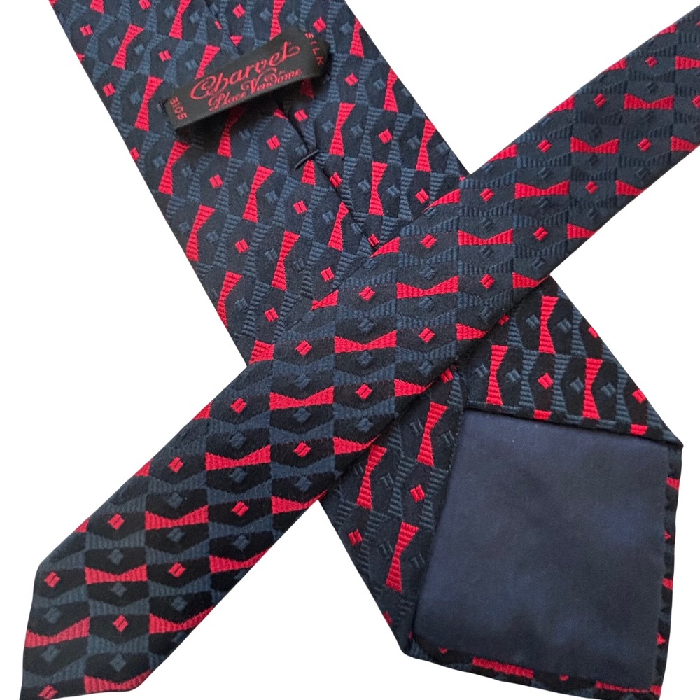 Charvet Silk Tie Navy Red Geometric Jacquard Made in France Luxury Power Tie